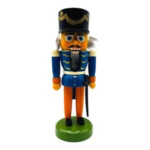 Vintage Erzgebirge Nutcracker Blue Orange German Democratic Republic Wooden 8”